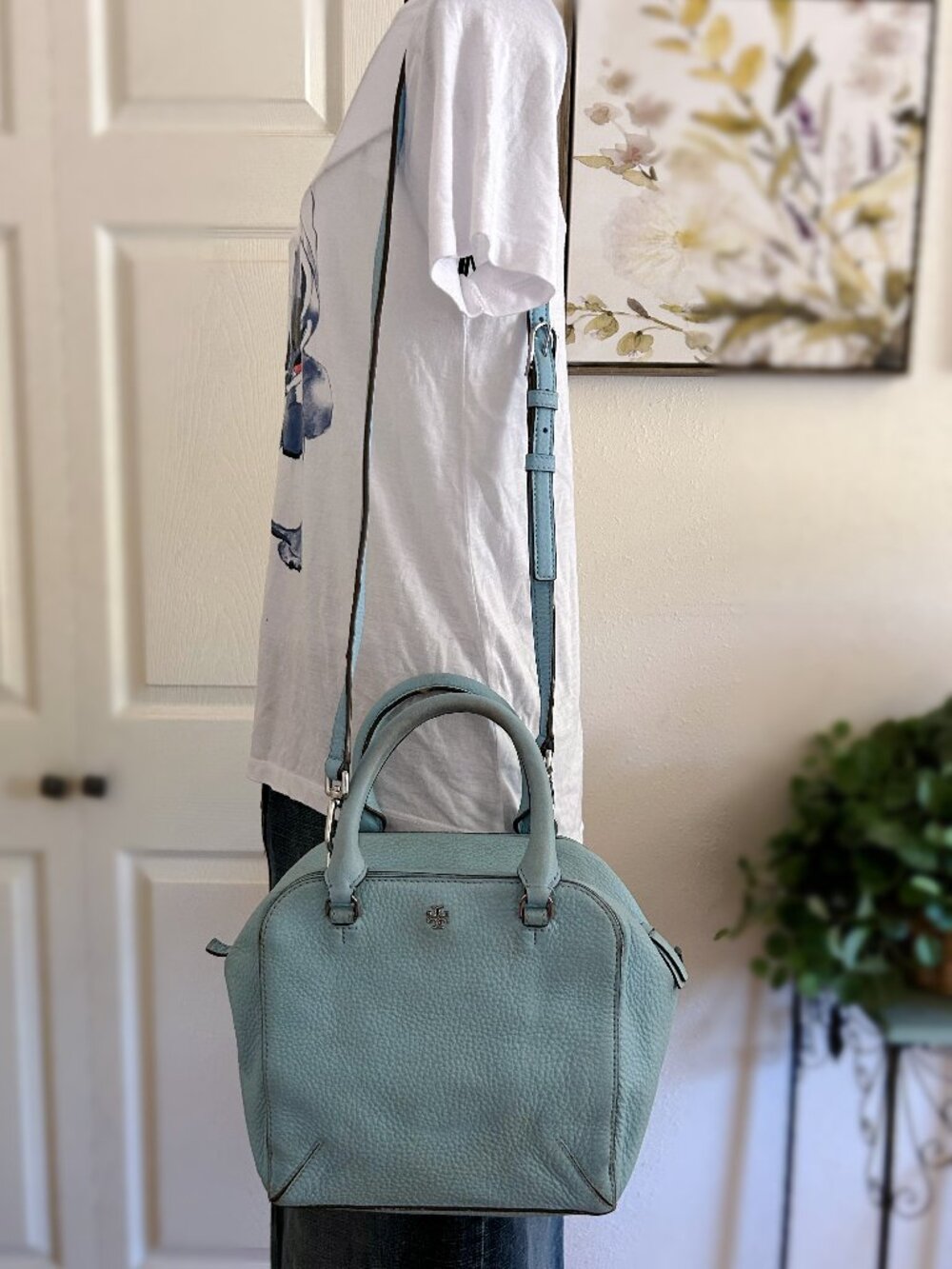Tory Burch Pebbled Satchel in Light Blue with Adjustable Strap